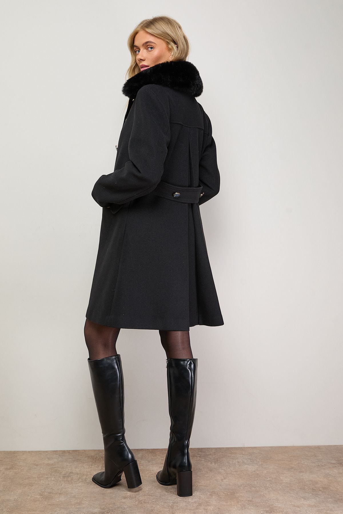 Oasis Faux Wool Button Through Dolly Coat With Faux Fur Black image 3