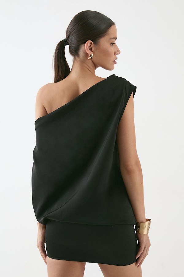 MissPap Satin Off Shoulder Asymmetric Bodycon Mini Dress Black