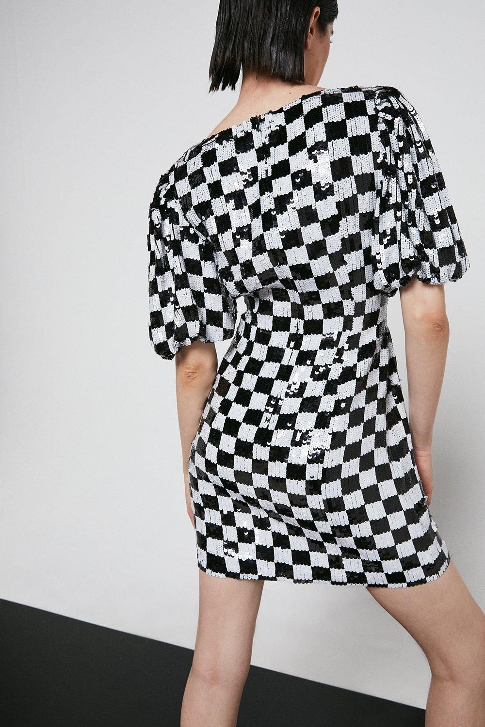 Warehouse Chequered Sequin Mini Dress Black image 3