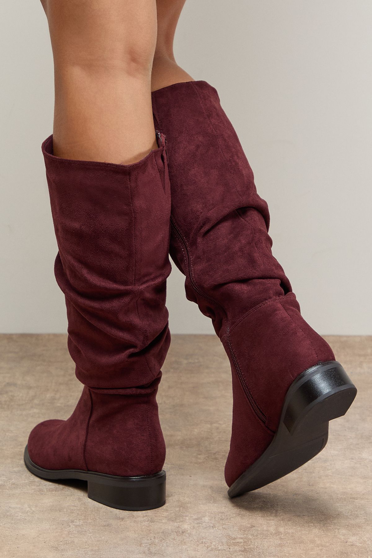 Dorothy Perkins Hazel Faux Suede Ruche Flat Knee Boots Burgundy image 3