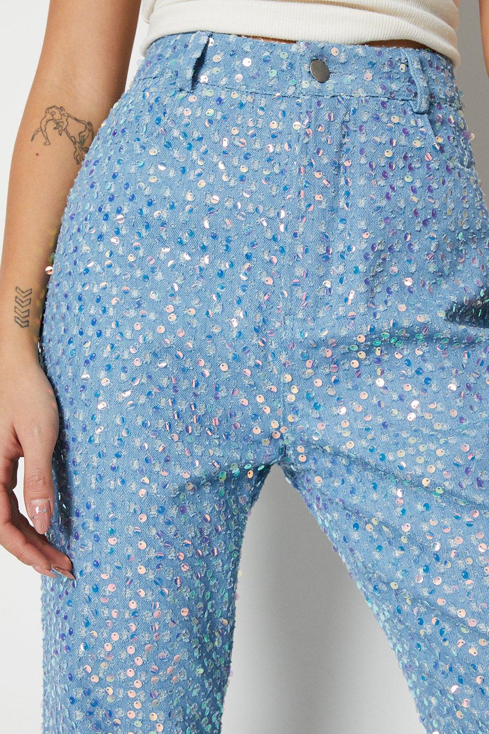 Warehouse Sequin Straight Leg Denim Jeans Mid Blue image 2