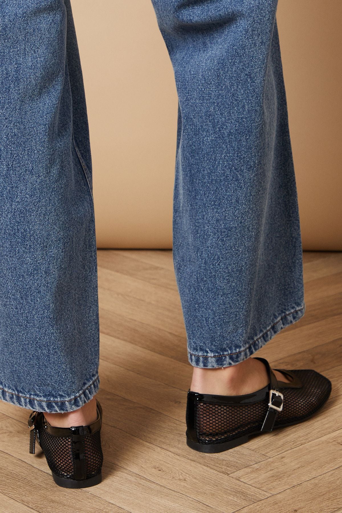 Oasis Valindra Faux Patent Leather Mesh Mary Jane Ballet Pumps Black image 3