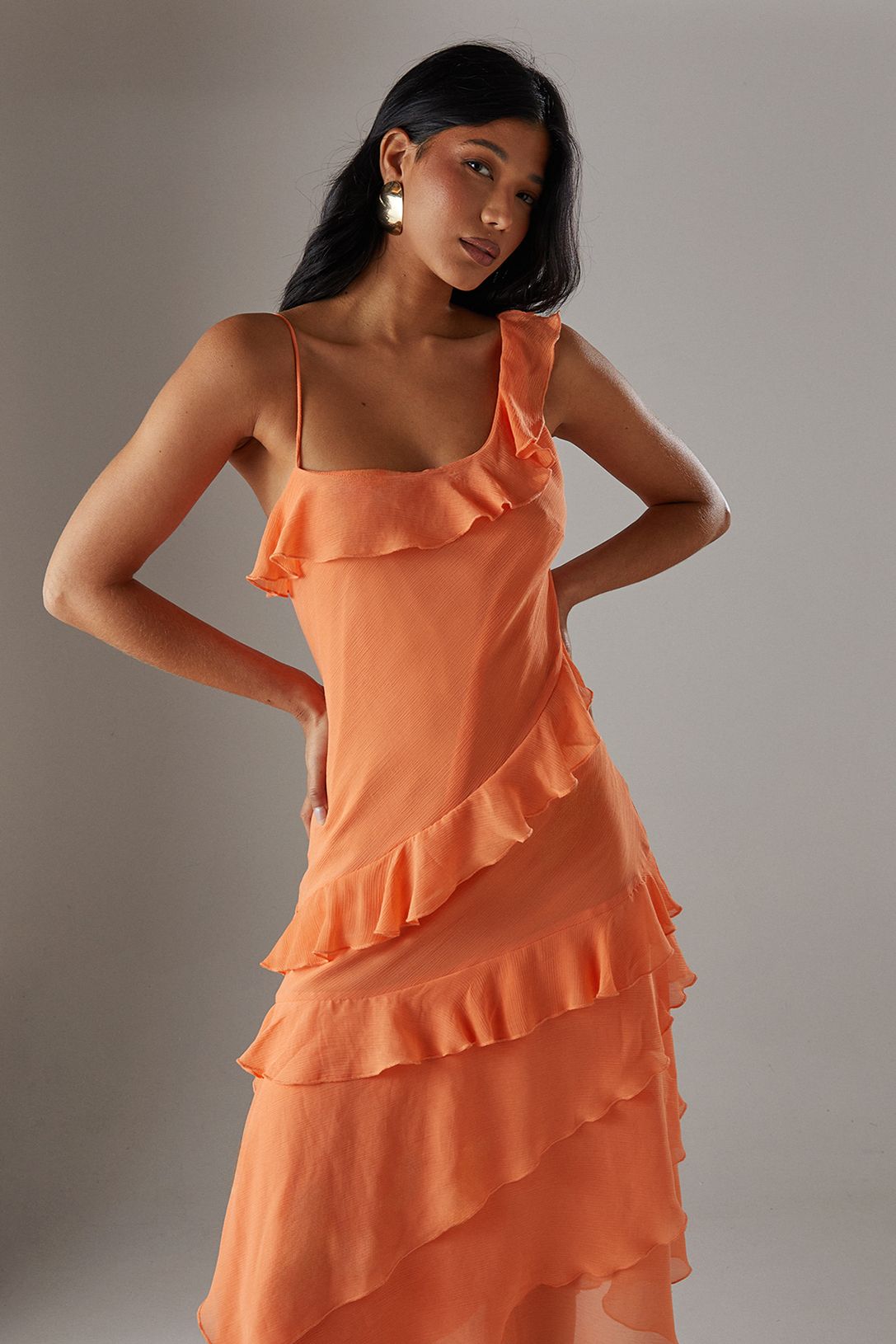 Warehouse Chiffon Asymmetric Hem Ruffle Midi Slip Dress Peach image 2