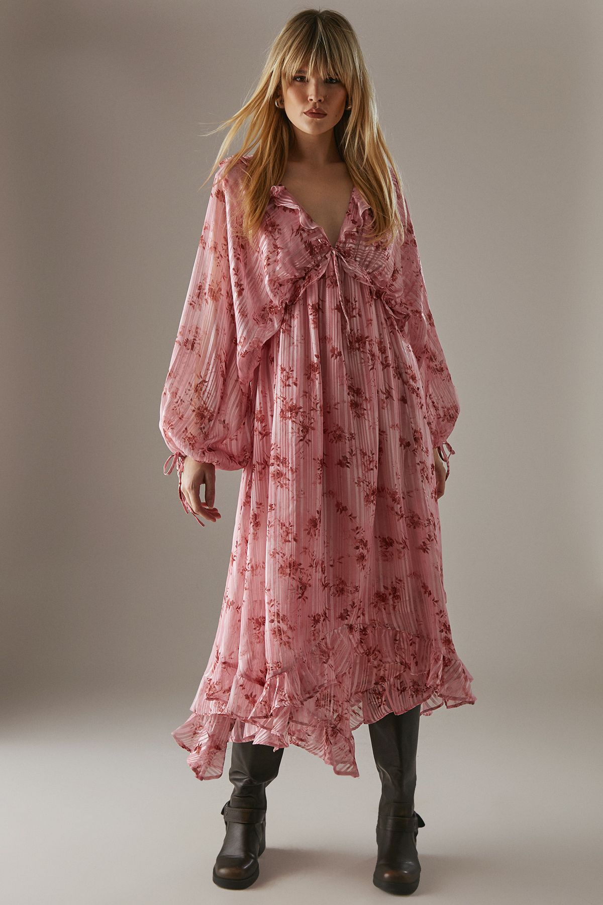 Warehouse Floral Shadow Stripe Volume Sleeve Hanky Hem Midaxi Dress Floral