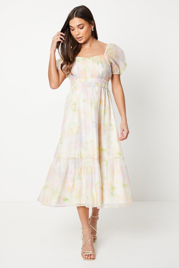 Oasis Petite Ruched Bust Organza Tiered Midi Dress Blush