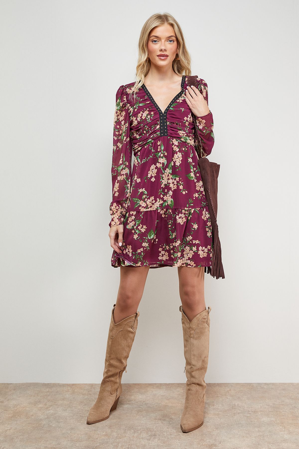 Oasis Printed Statement Shoulder Ruched Body Mini Dress Floral image 1