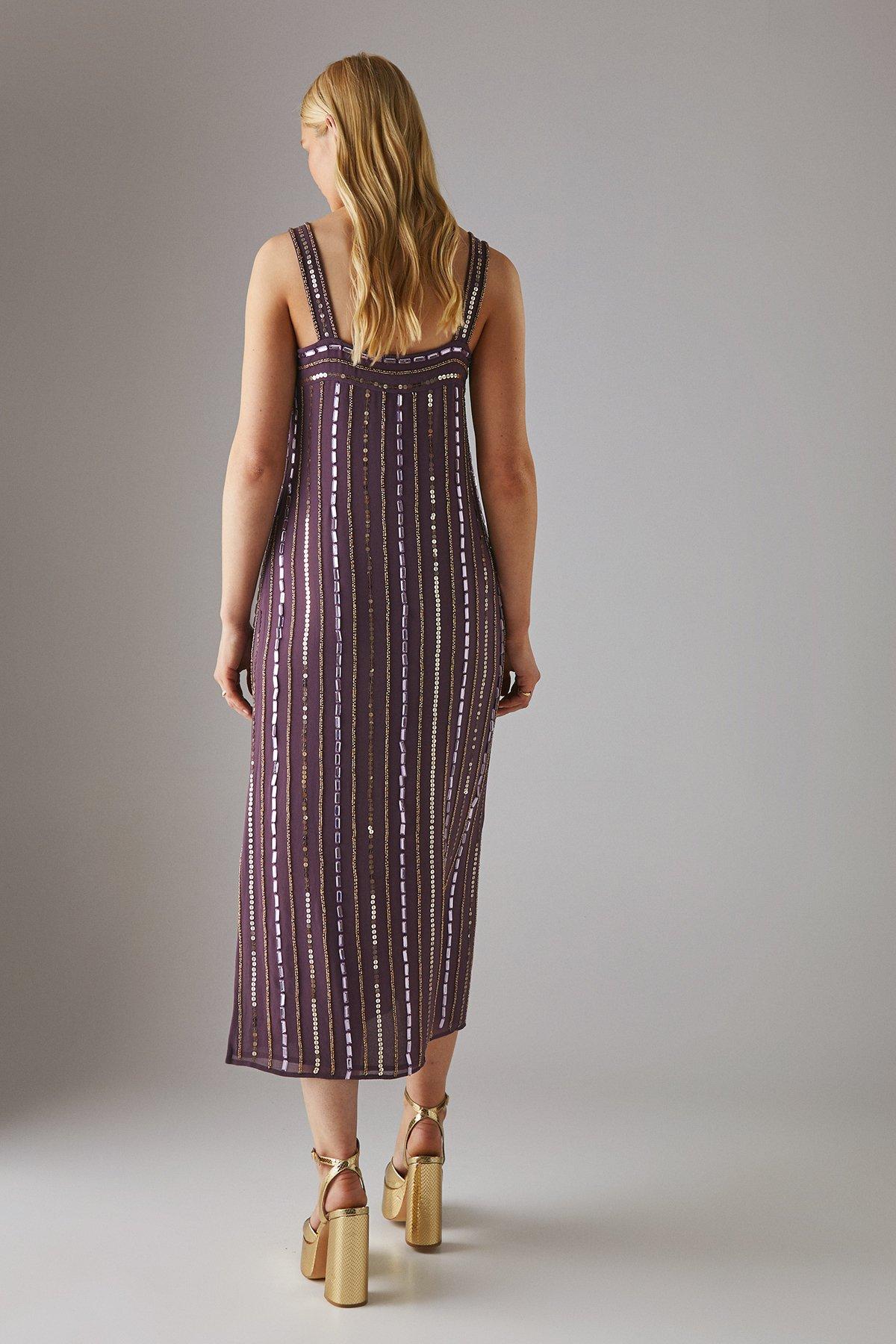 Warehouse Hand Embellished Sequin Square Neck Strappy Midi Dress Mauve image 3