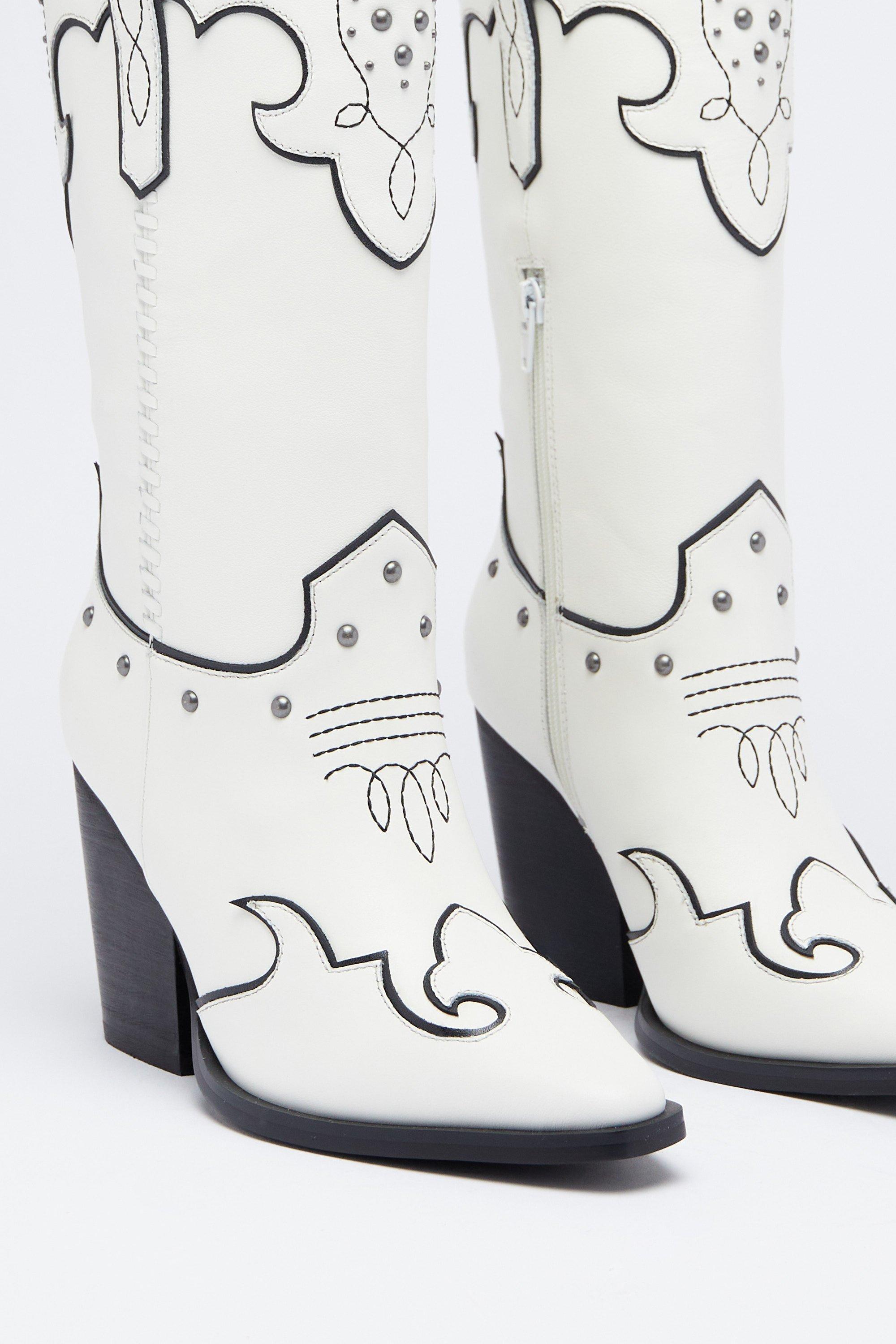 Warehouse Leather Studded Contrast Stitch Cowboy Boot White image 3