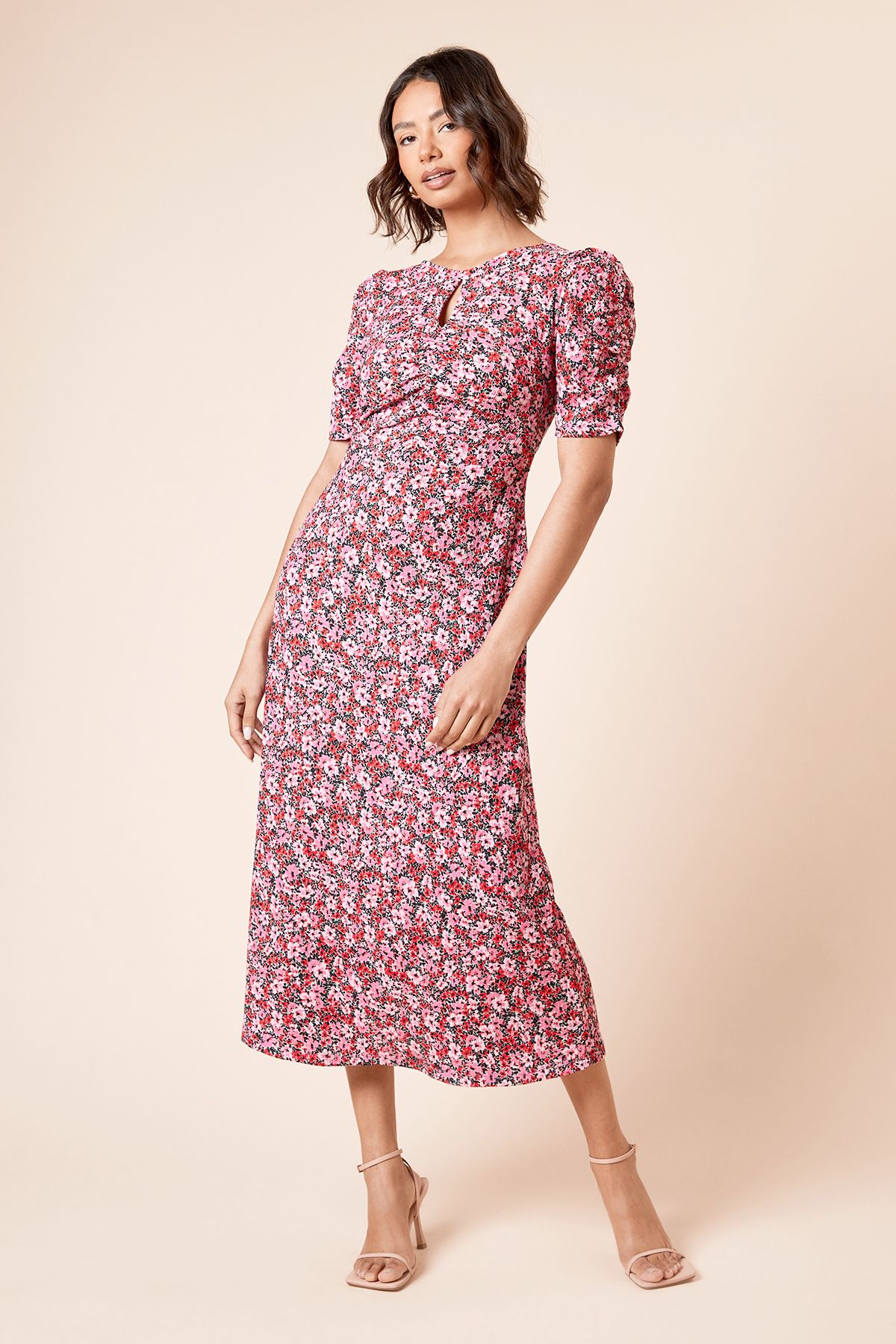 Dorothy Perkins Short Sleeve Multi Floral Keyhole Jersey Midi Dress Pink image 1