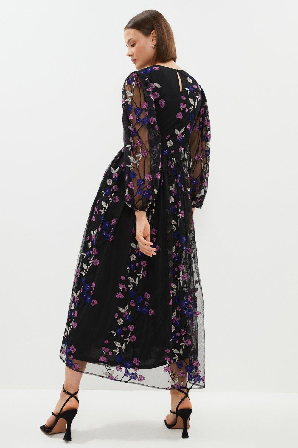 black mesh floral embroidered dress Black Embroidered Floral Mesh Overlay Midi Dress – PinkBlush
