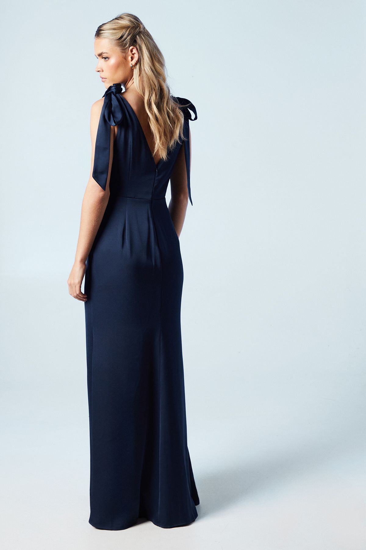 Coast Coast Honoured Petite Satin Back Crepe V Neck Tie Shoulder Maxi Bridesmaid Dress Navy image 3