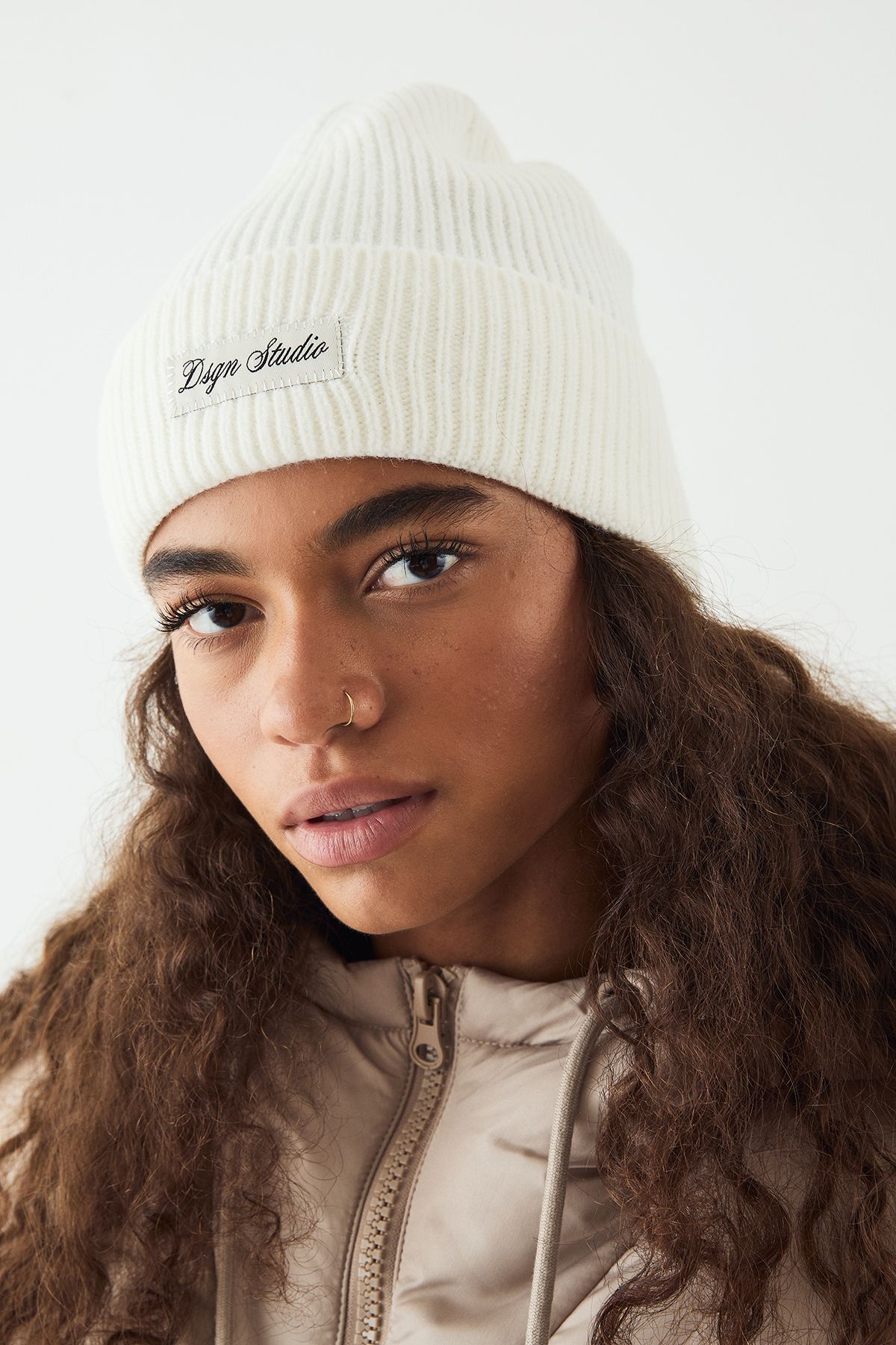 DSGN Studio DSGN Studio Rib Knit Beanie Hat Cream image 1