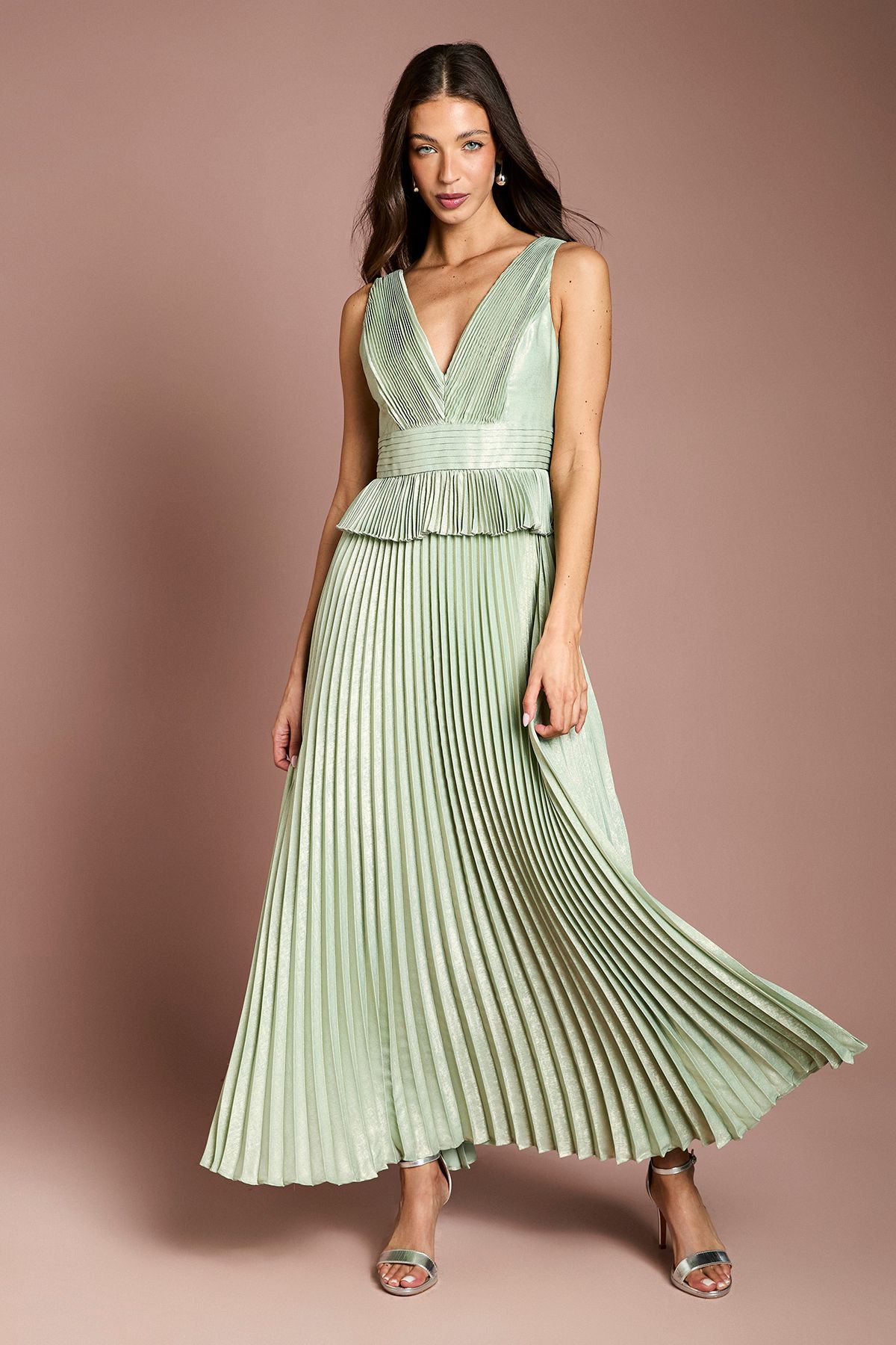 Coast Sleeveless Metallic Pleated Maxi Dress With Peplum Sage image 1