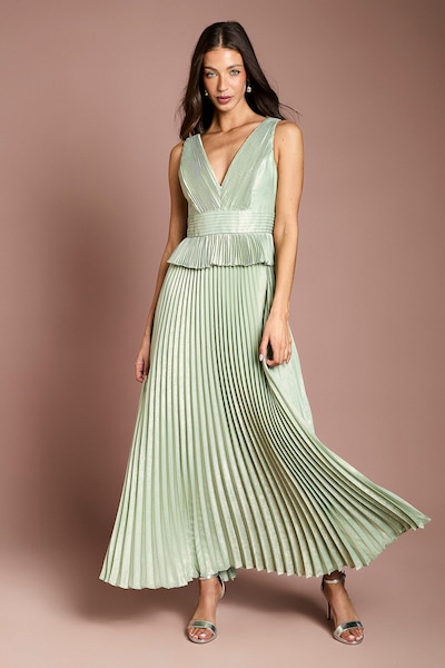 Coast Sleeveless Metallic Pleated Maxi Dress With Peplum Sage