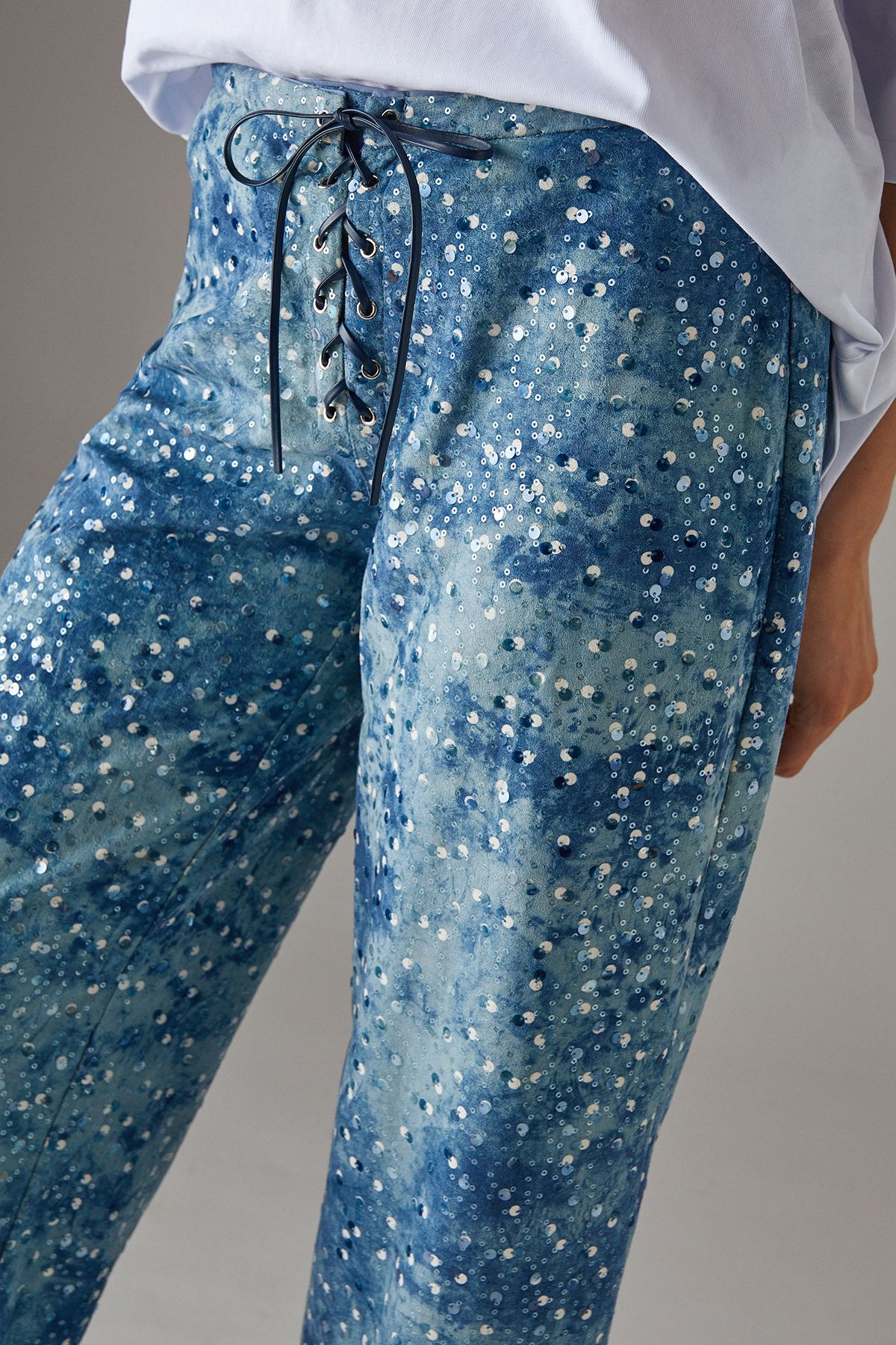 Warehouse Suedette Sequin Lace Up Trouser Denim-blue image 4