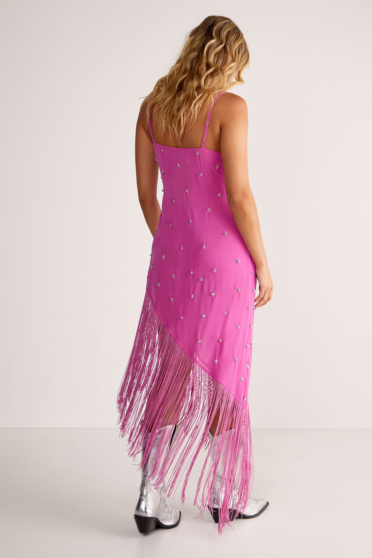 NastyGal Studded Fringe Asymmetric Midi Dress Fuchsia image 4
