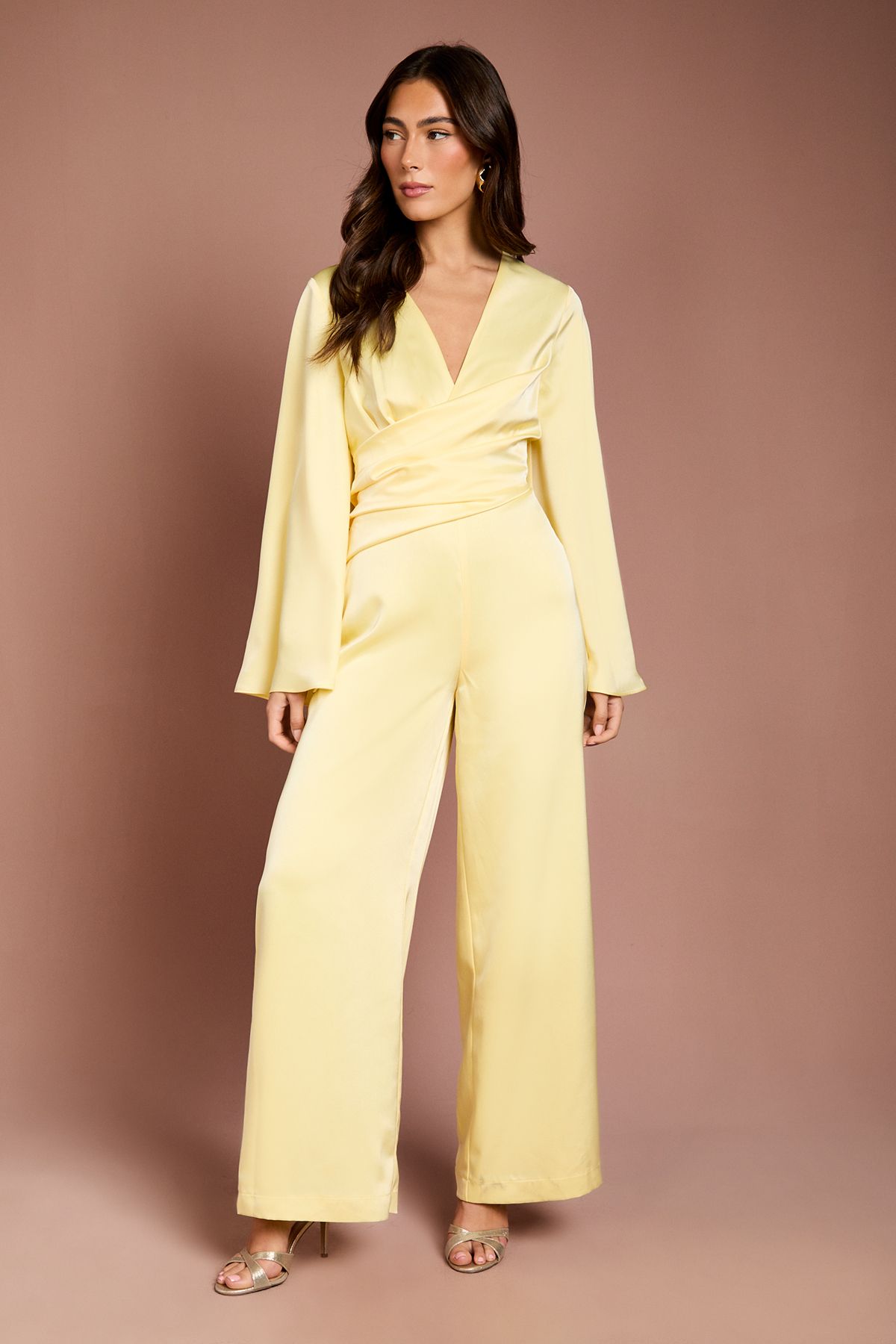 Coast Wrap Waist Satin Jumpsuit With Flare Sleeve Lemon