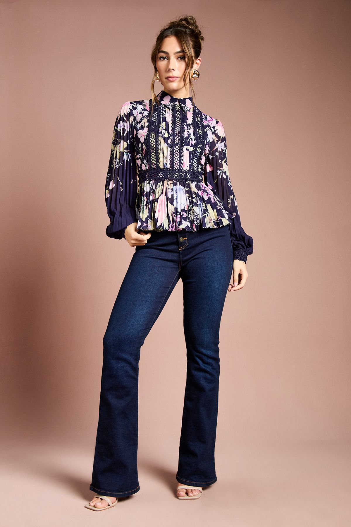 Coast Printed Lace Trim Pleated Shirt Navy image 2