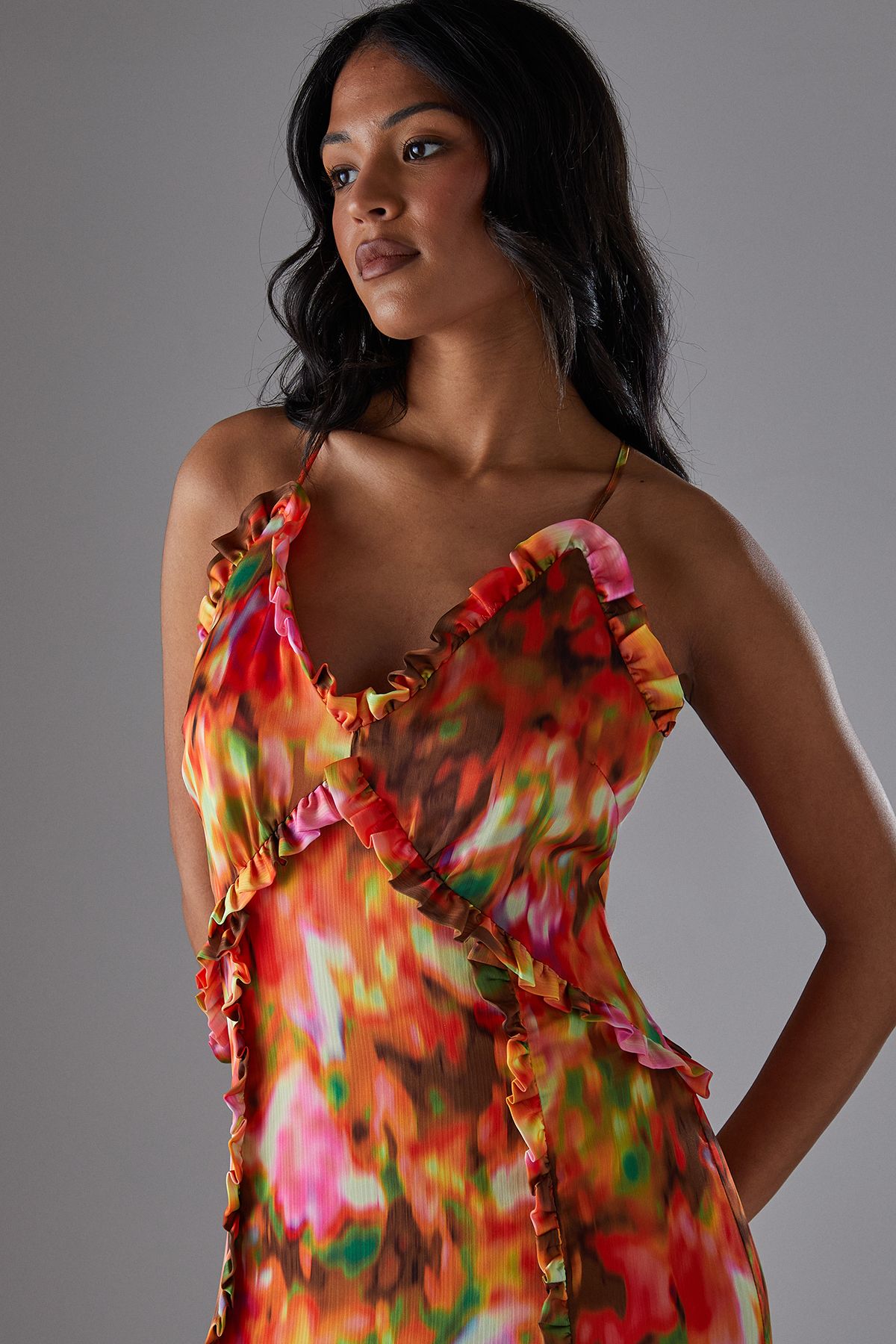 Warehouse Satin Crinkle Ruffle Maxi Sundress Multi image 2