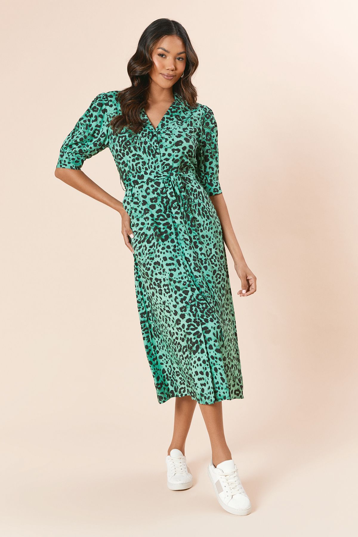Dorothy Perkins Green Animal Belted Puff Sleeve Shirt Dress Animal image 1