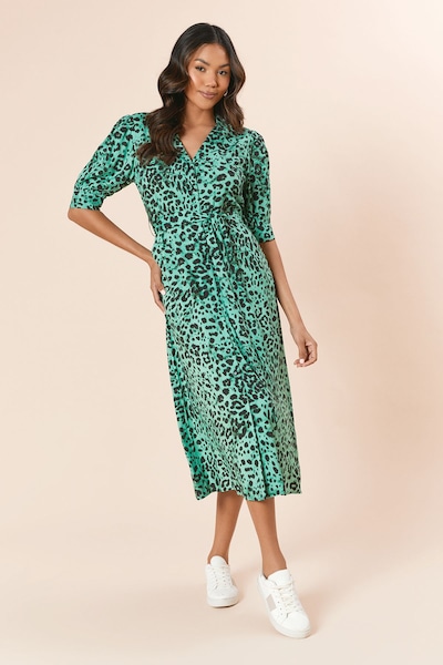 Dorothy Perkins Green Animal Belted Puff Sleeve Shirt Dress Animal