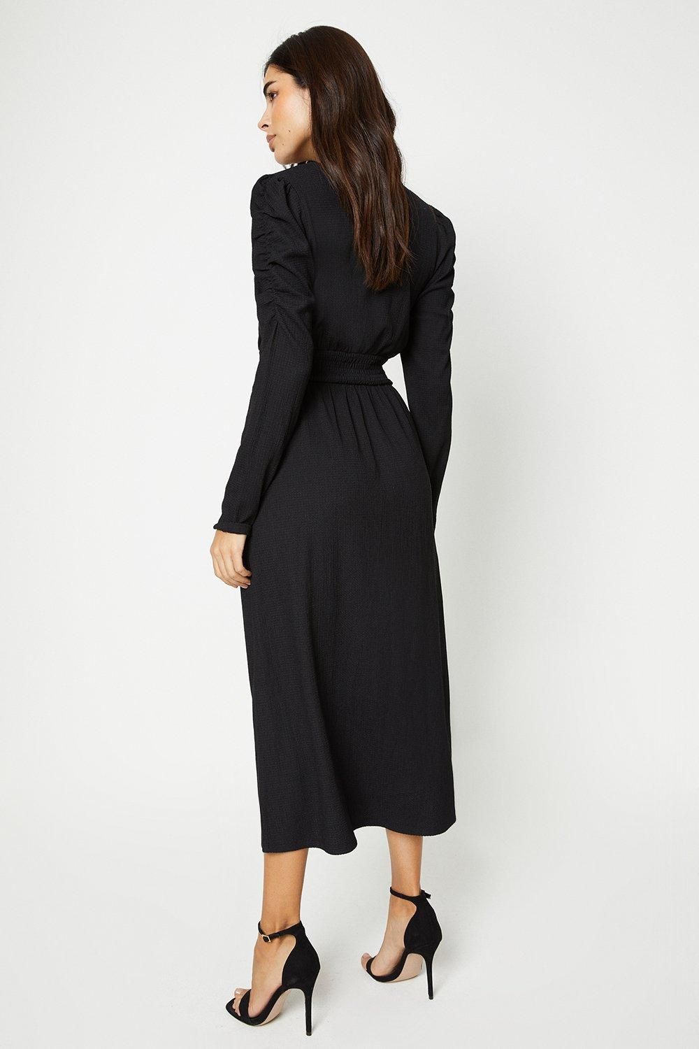 Dorothy Perkins Shirred Waist Long Sleeve Midi Dress Black image 3