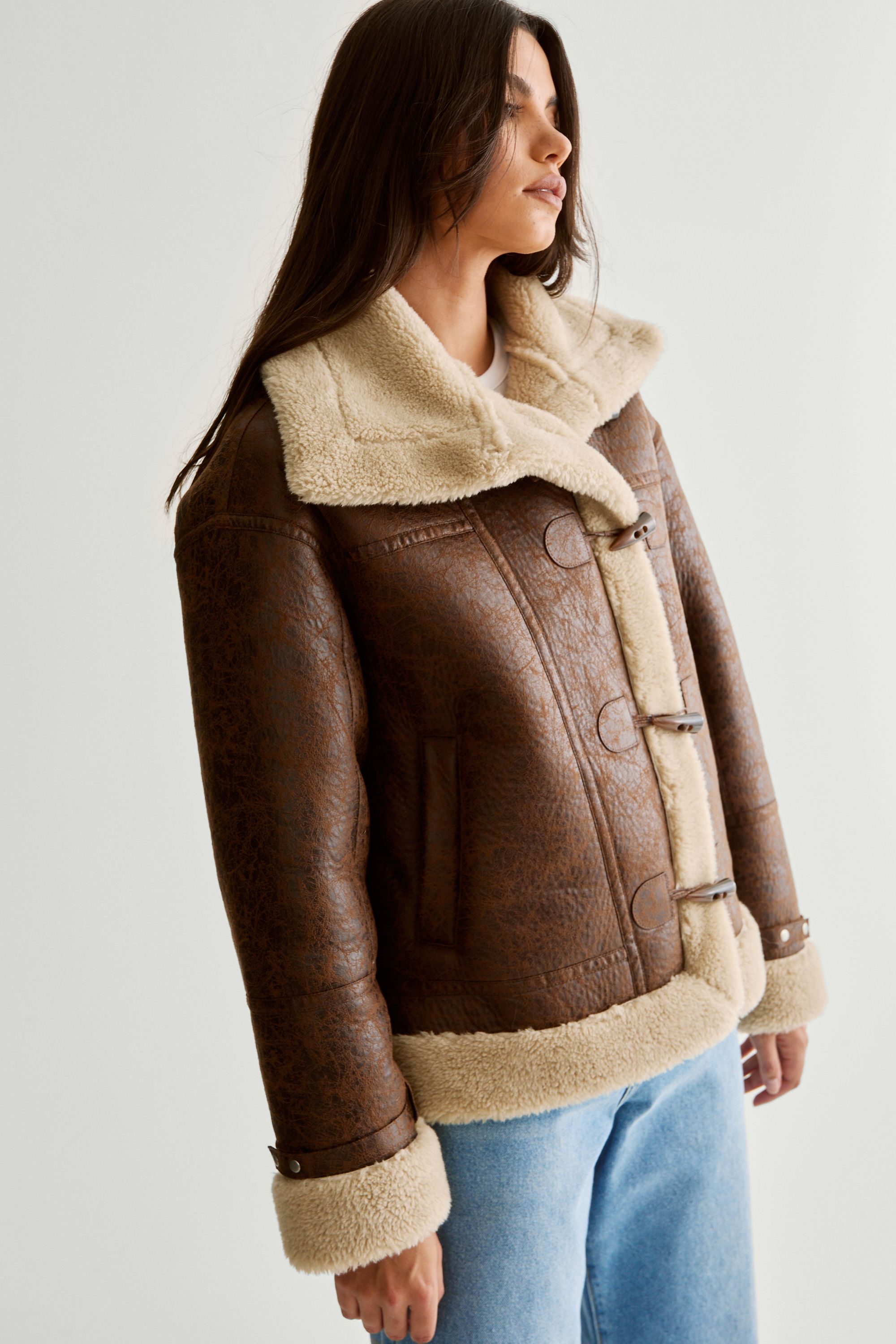 NastyGal Duffle Front Bonded Fur Aviator Brown image 5