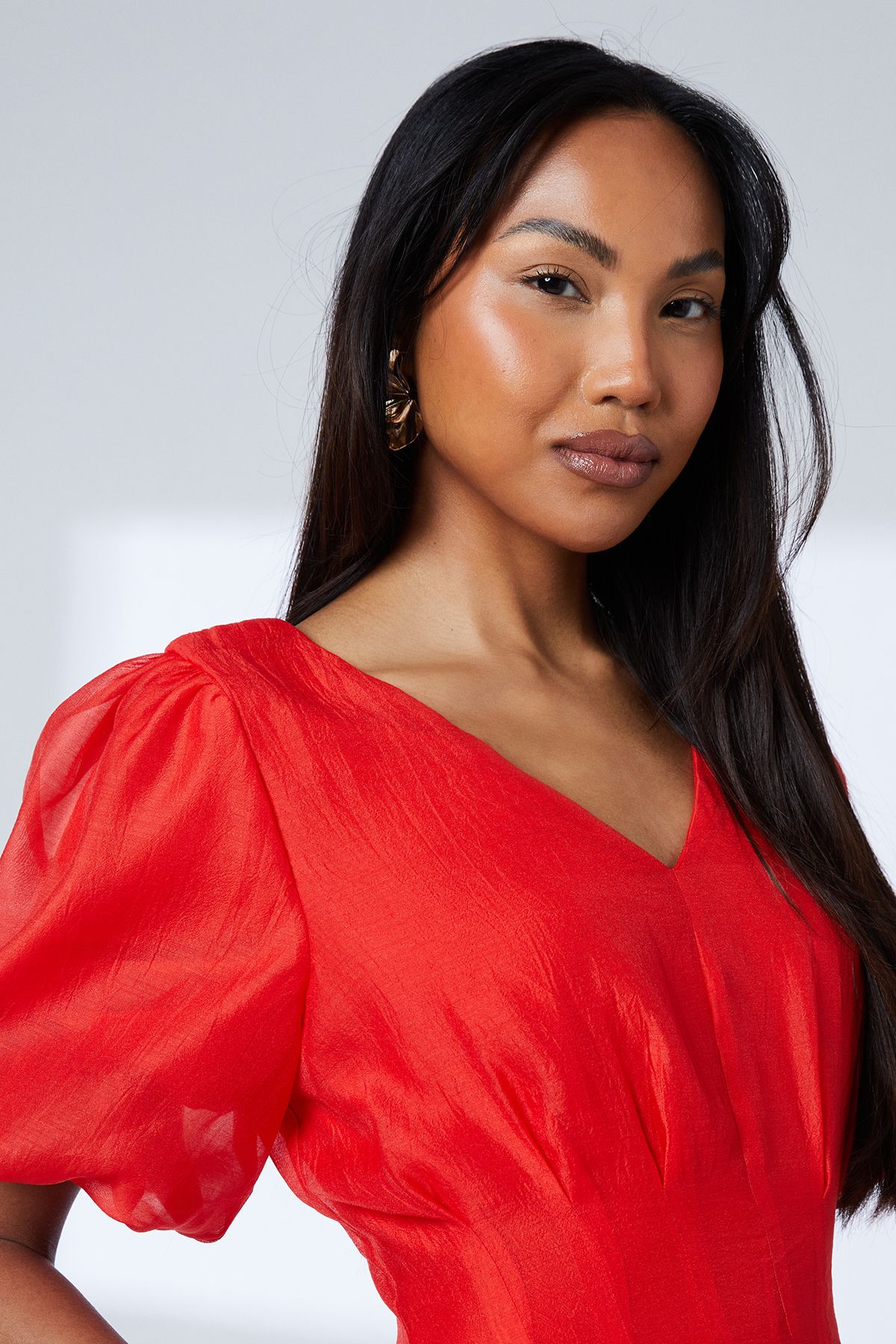 Principles Pleat Detail Puff Sleeve Midi Dress Red image 4