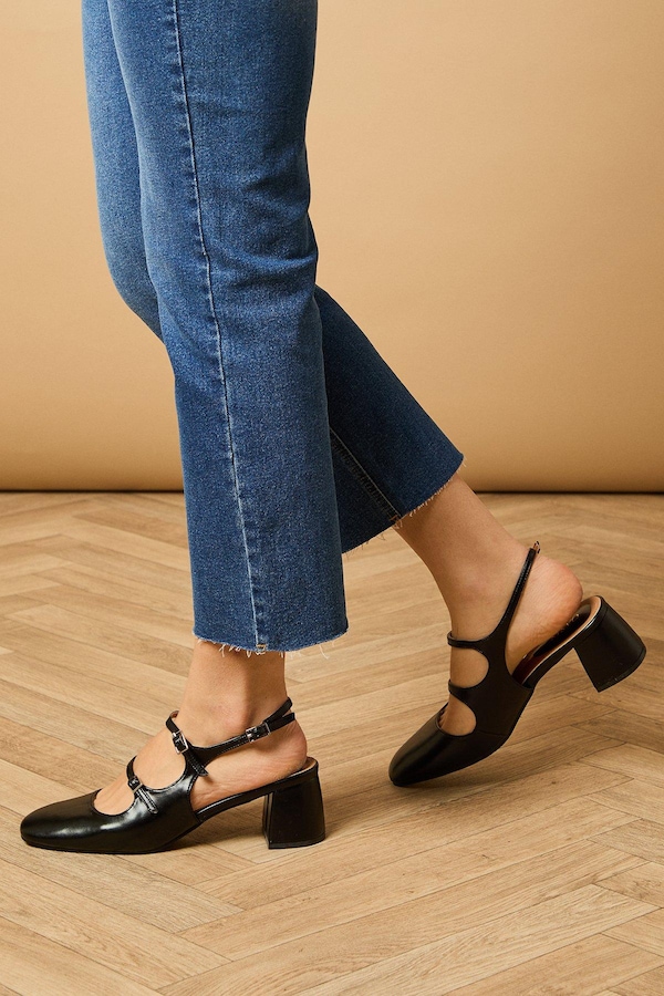 Oasis Imorina Faux Leather Double Mary Jane Slingback Medium Block Heeled Shoes Black