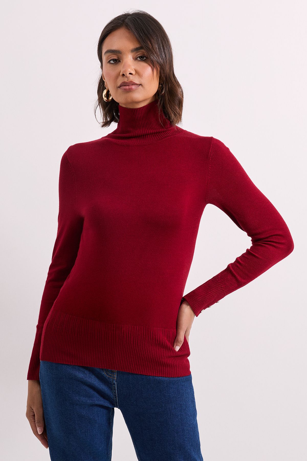Dorothy Perkins Berry Roll Neck Button Cuff Jumper Berry image 1