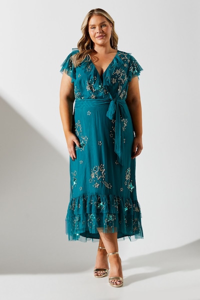 Coast Plus Frill Wrap Front Embellished Midi Dress Teal
