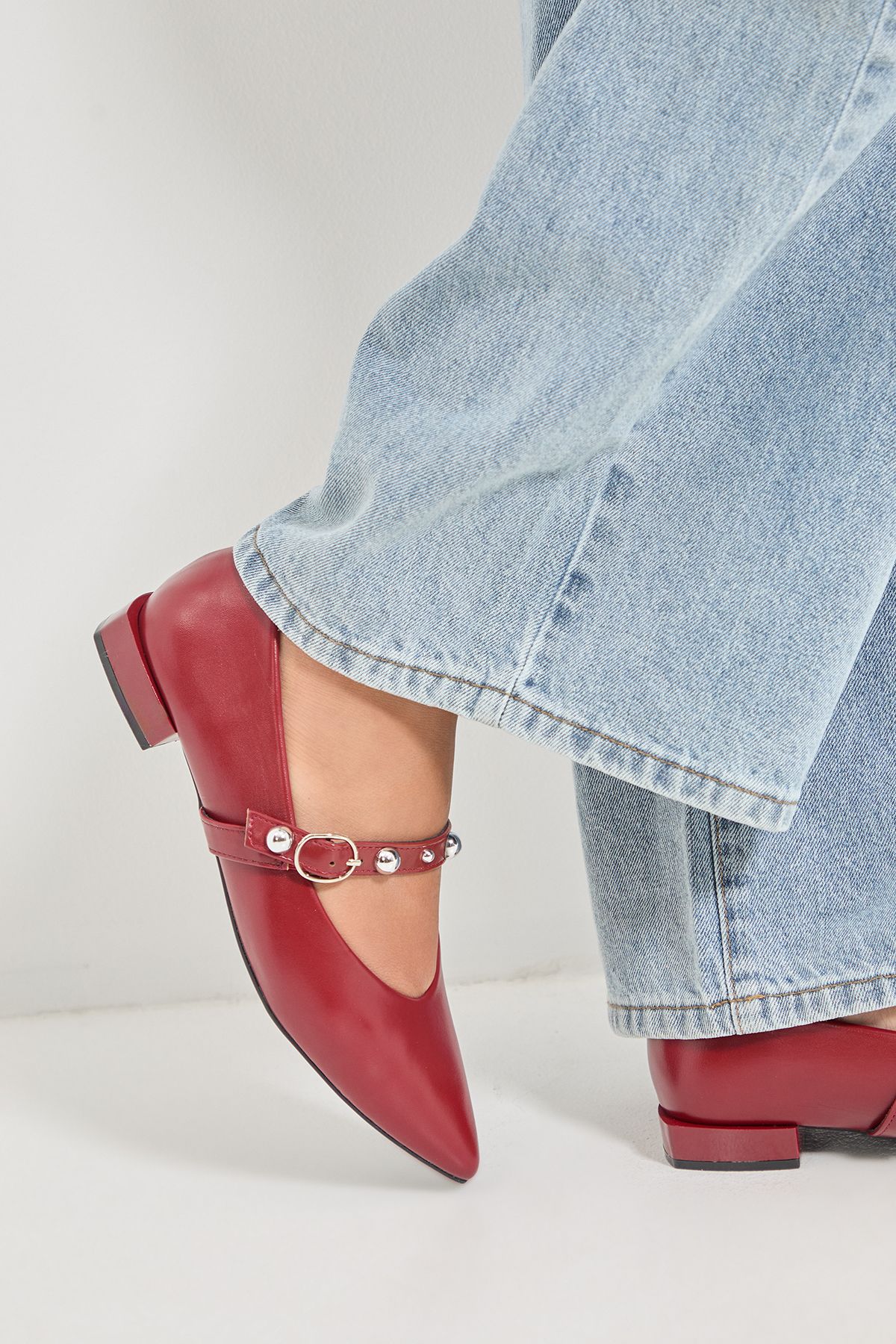 MissPap Faux Leather Studded Mary Jane Pointed Ballet Pumps Burgundy image 2