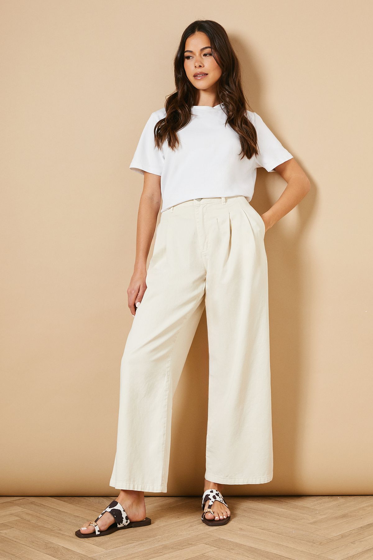 Oasis Fizz Faux Cow Print Suede Embellished Toe Loop Sliders Brown image 1