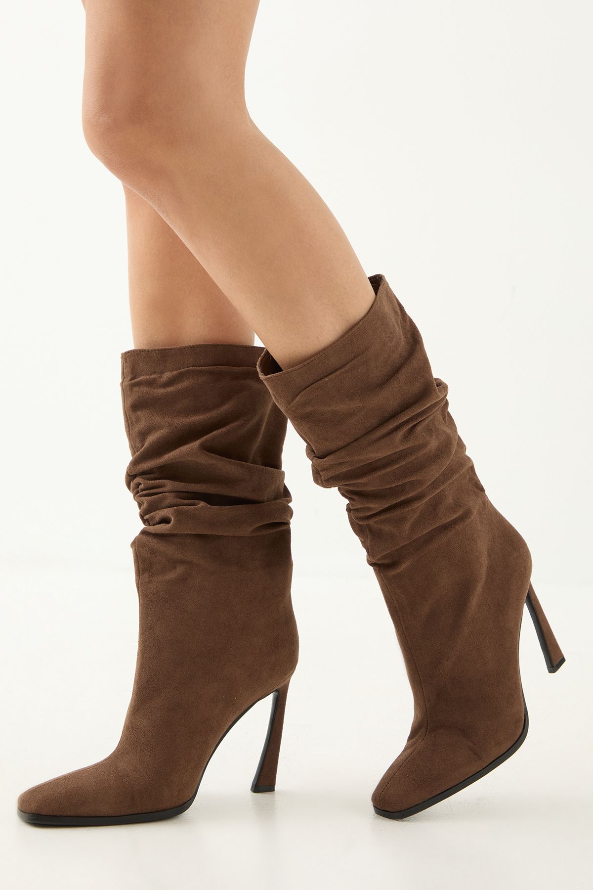 MissPap Faux Suede Ruched Square Toe High Flared Stiletto Calf Boots Brown image 1