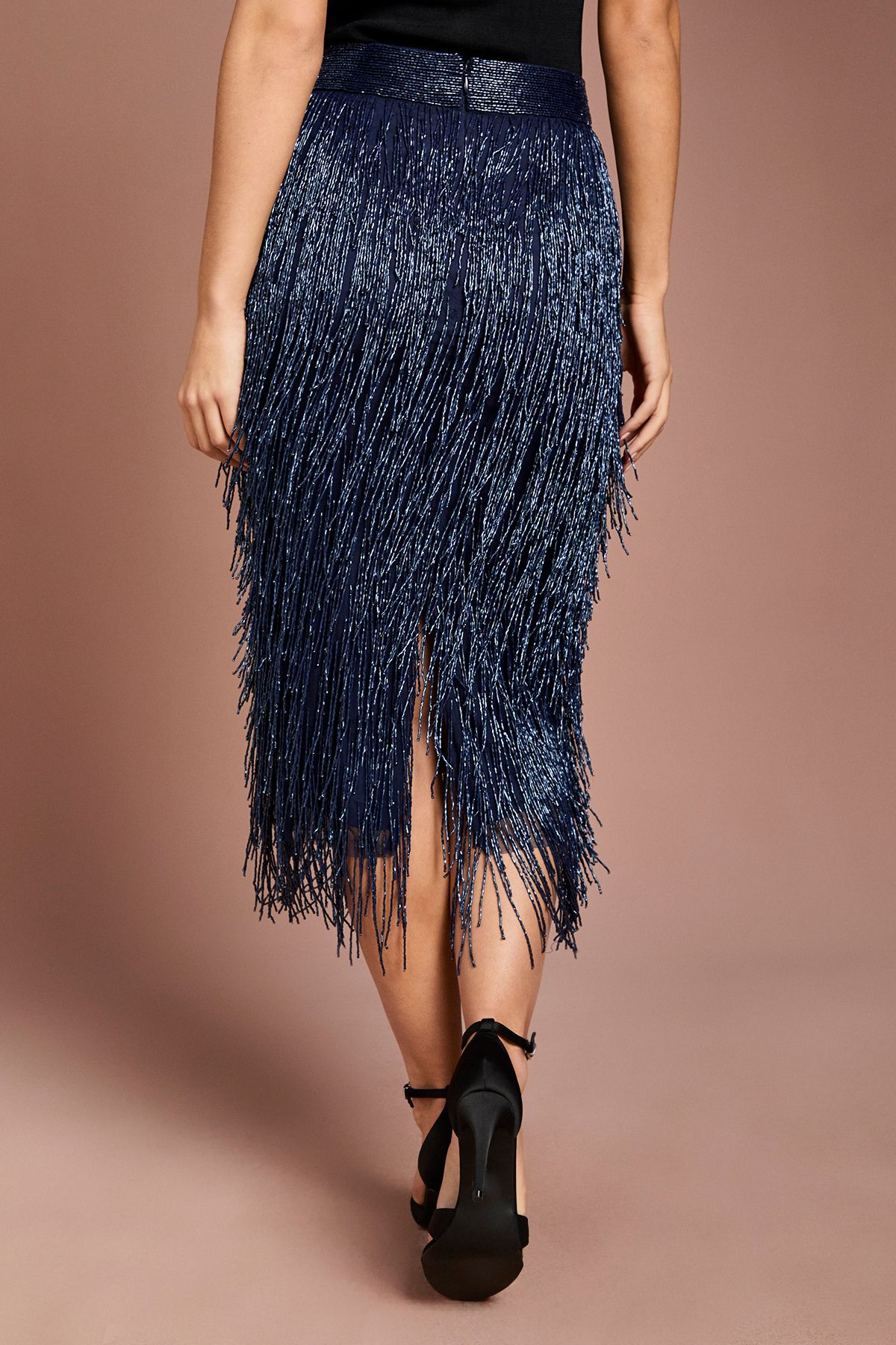 Coast Fringe Embellished Midi Skirt Navy image 3