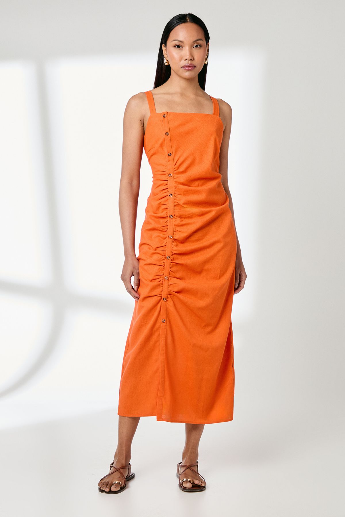 Principles Button Detail Square Neck Linen Blend Midi Dress Orange image 1