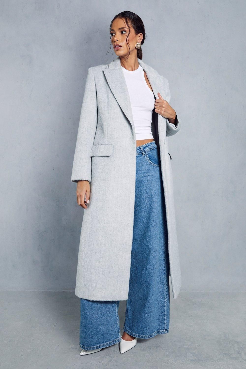 MissPap Premium Wool Look Fitted Maxi Coat Light Grey