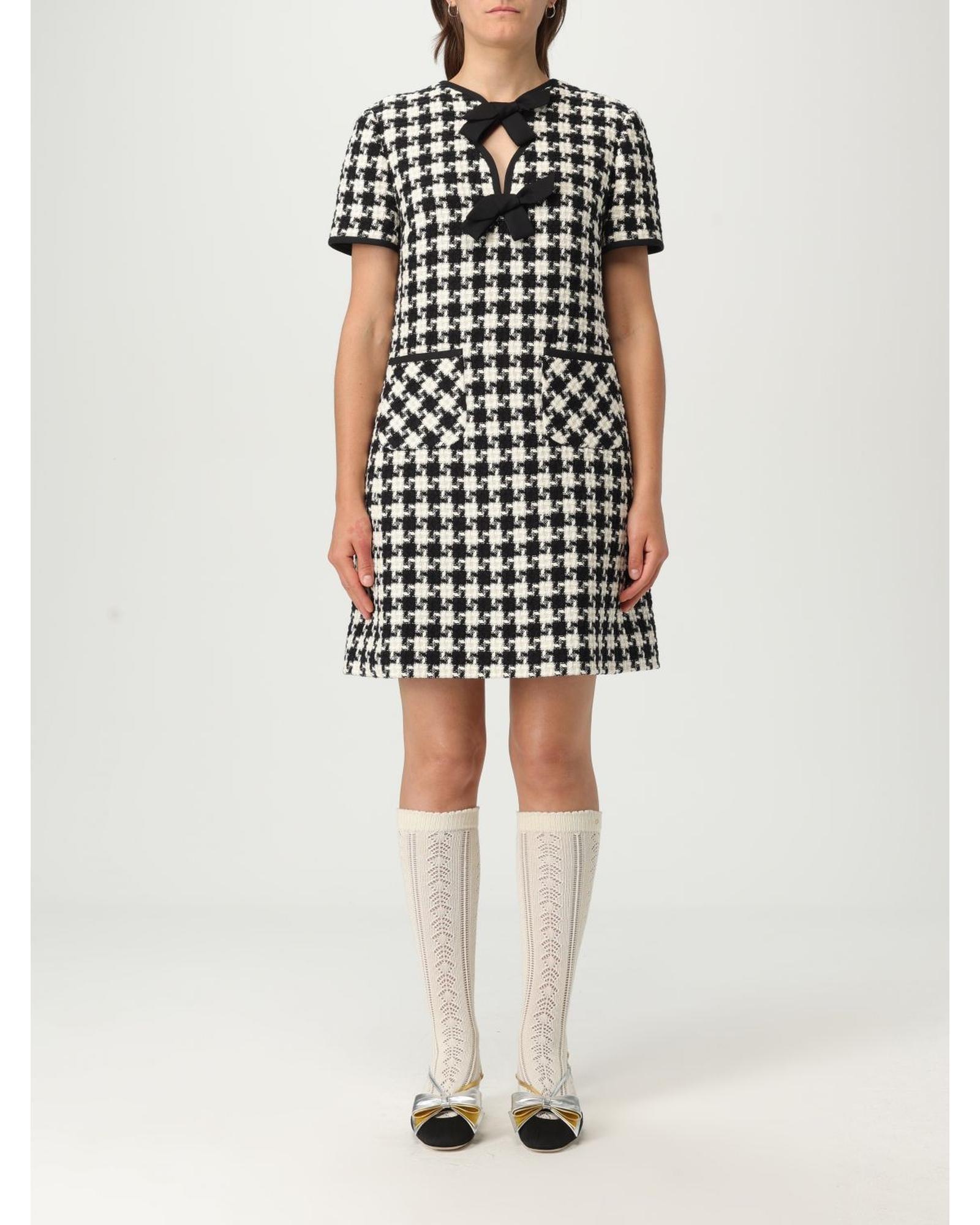 Valentino Houndstooth Bow Mini Dress Wo - White Dresses