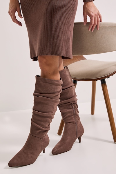 Dorothy Perkins Wide Fit Khloe Faux Suede Kitten Heel Knee High Ruched Boots Taupe
