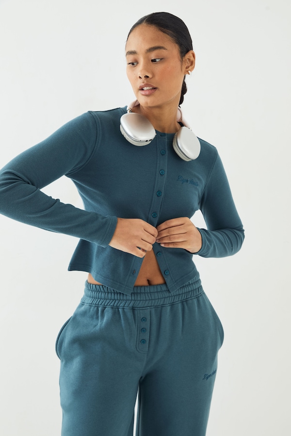 DSGN Studio DSGN Studio Ribbed Script Embroidery Button Through Long Sleeve Top Teal