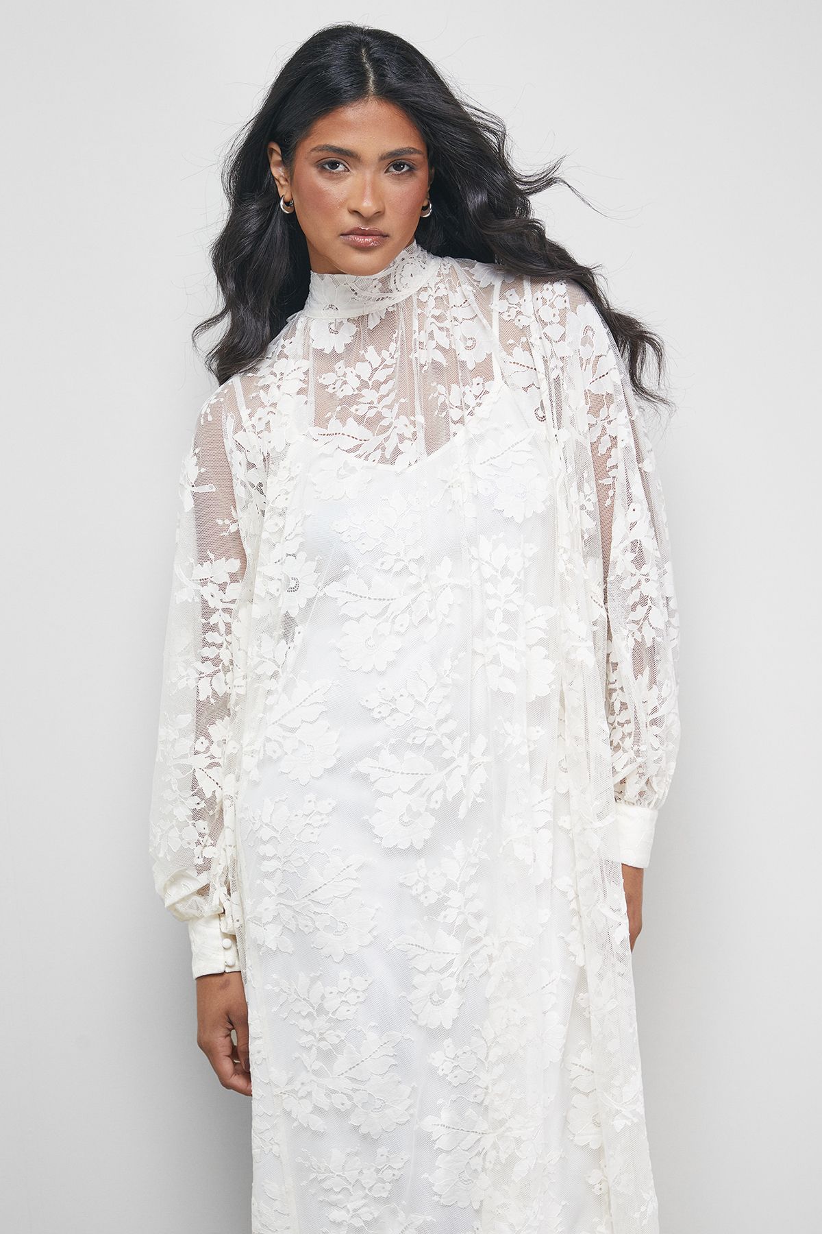 Warehouse Lace High Neck Smock Midi Dress Cream image 4