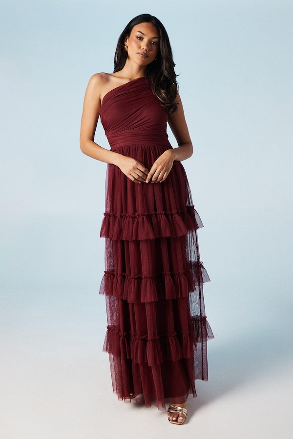 Oasis Pleated Mesh One Shoulder Tiered Maxi Bridesmaids Maxi Dress Berry