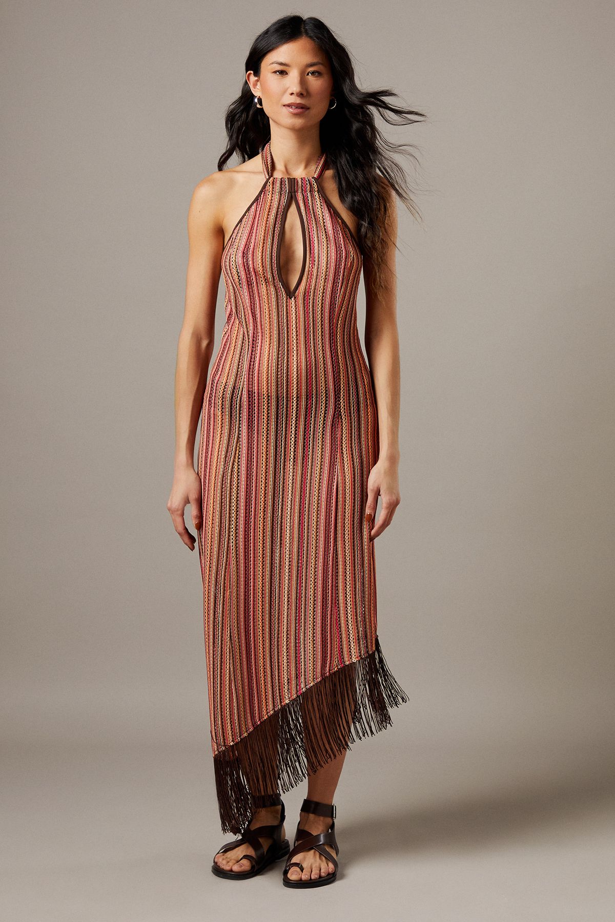 Warehouse Knit Halter Fringe Hem Midi Dress Pink