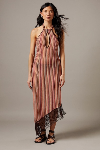 Warehouse Knit Halter Fringe Hem Midi Dress Pink
