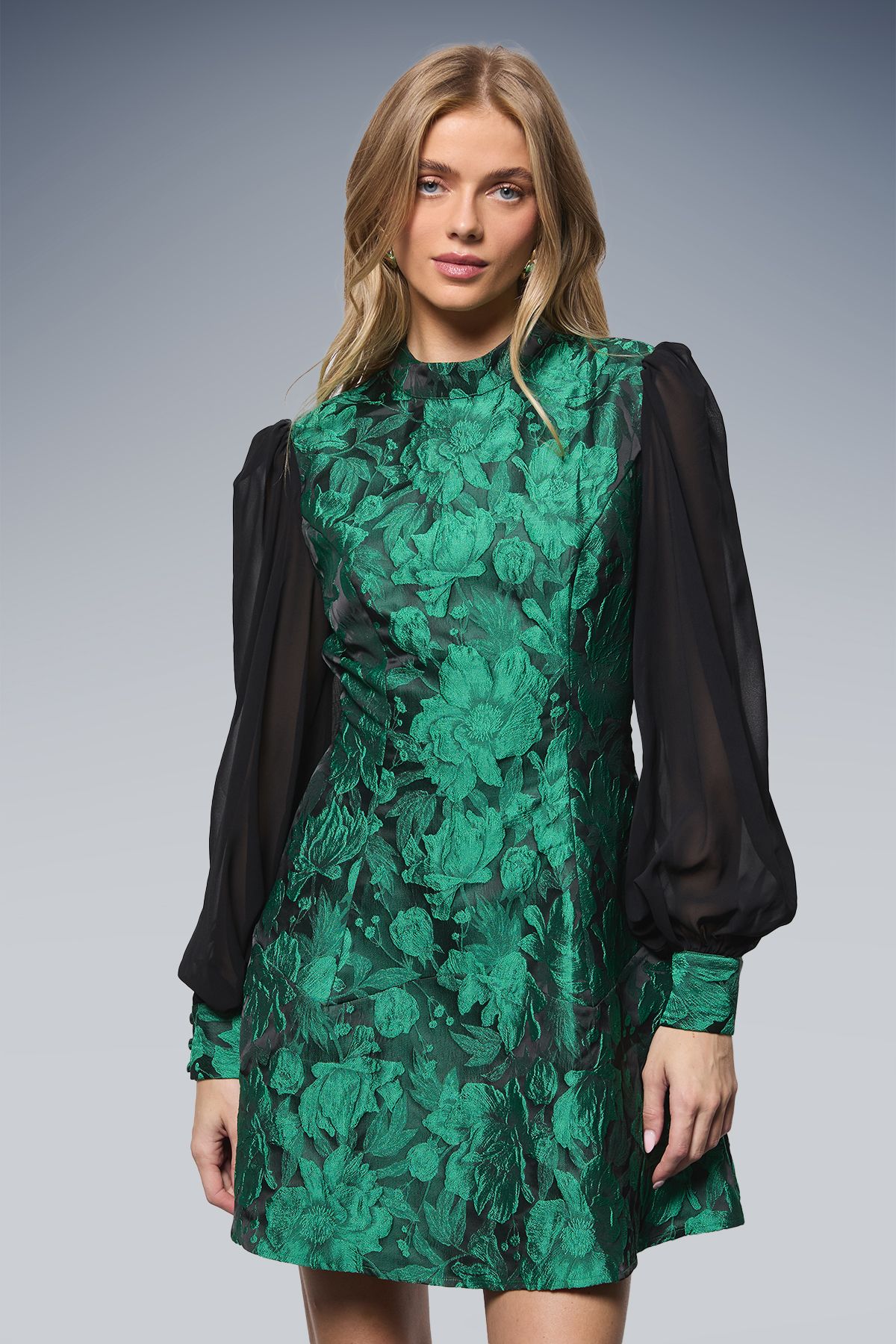Oasis Floral Jacquard High Neck Flippy Mini Dress Green image 2