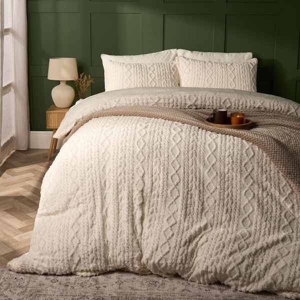 OHS Cable Knit Fleece Duvet Cover Set Warm Reversible Bedding