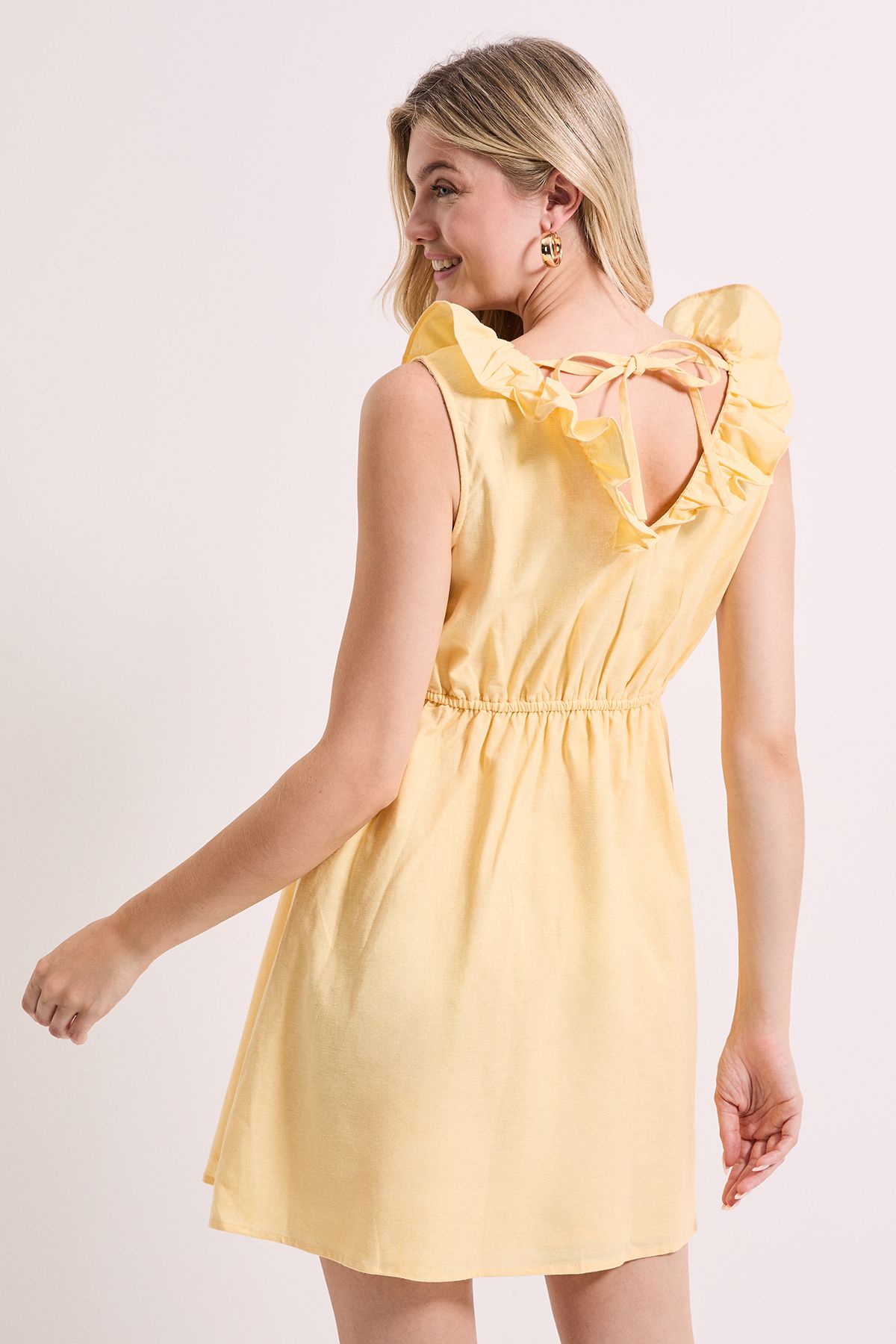 Dorothy Perkins Ruffle Sleeve Tie Back Mini Dress Lemon image 4
