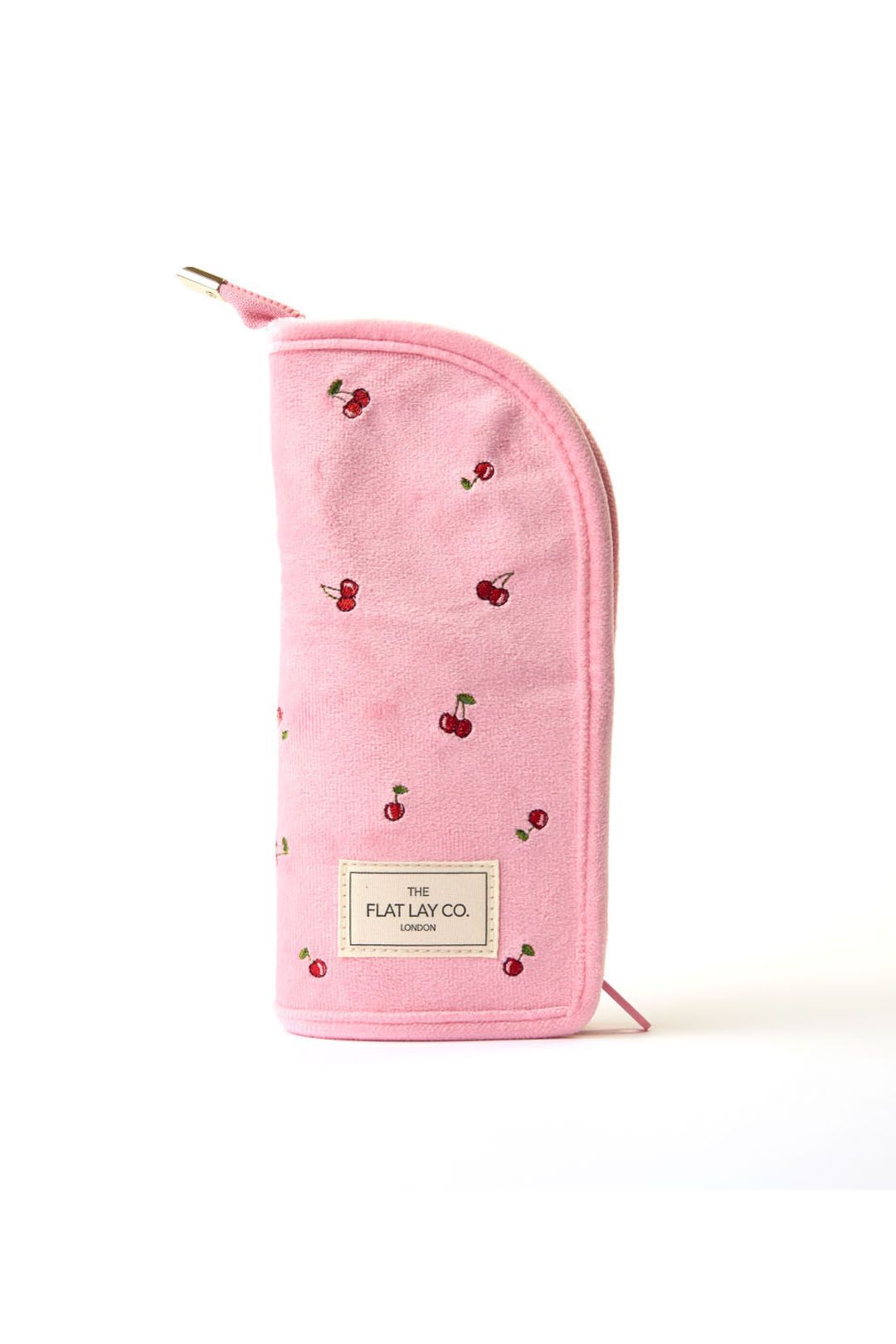 The Flat Lay Co Standing Makeup Brush Case - Ditsy Cherries Pink Embroidered Velvet Multi