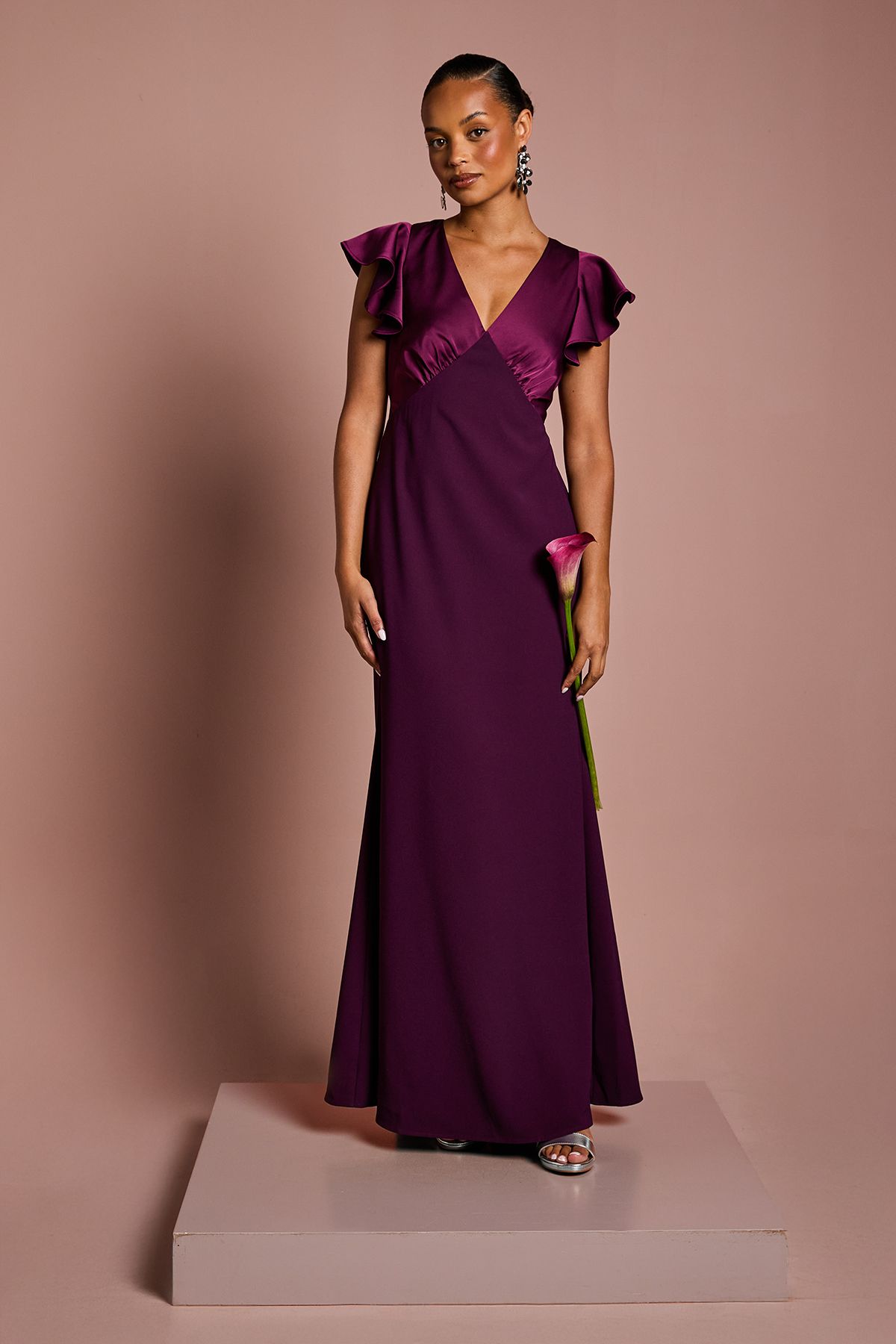 Coast Coast Honoured Petite V Neck Angel Short Sleeve Satin Maxi Bridesmaid Dress Fig image 1