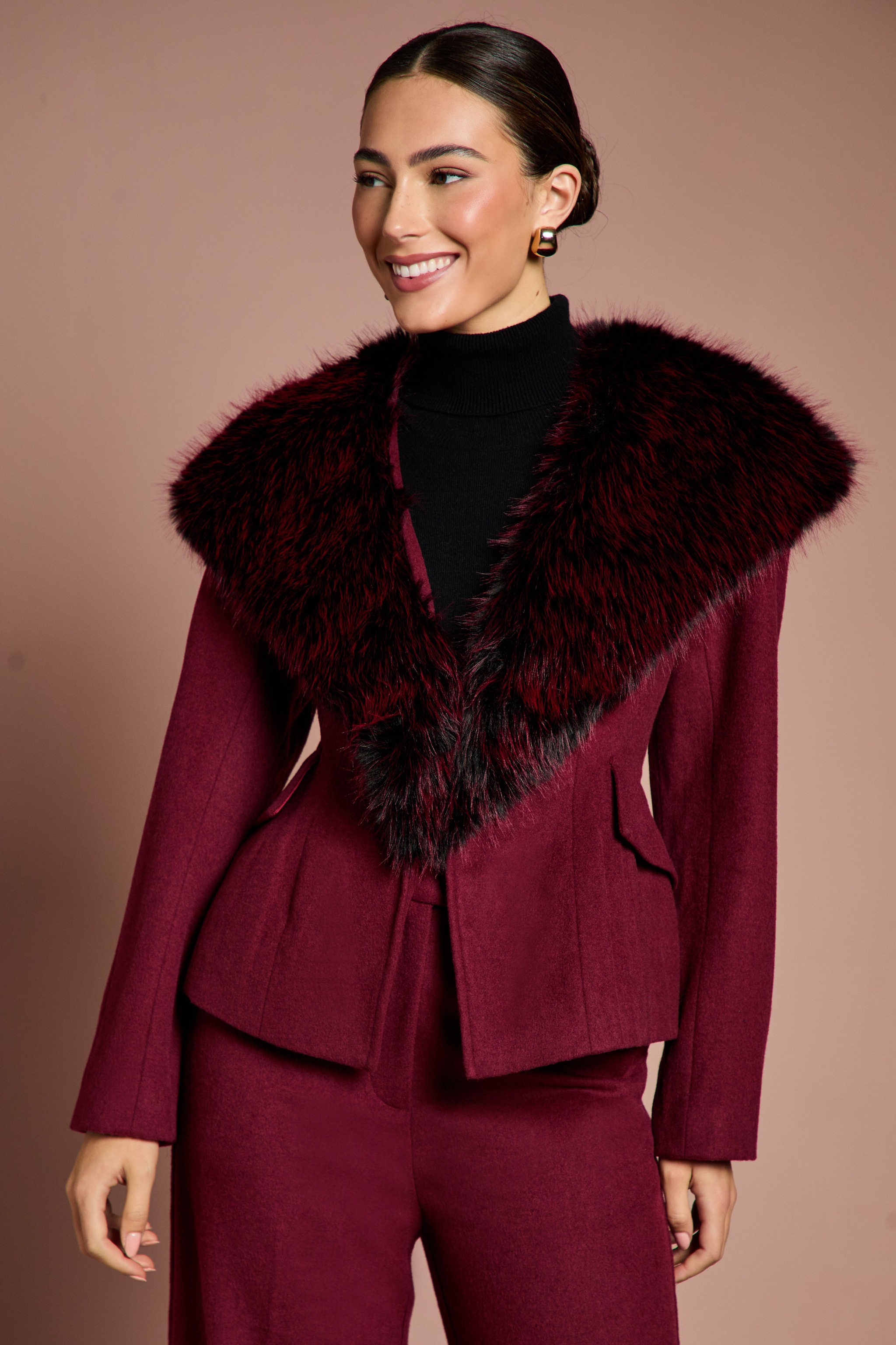 Coast Lisa Tan Fur Trim Premium Jacket With Wadding Burgundy